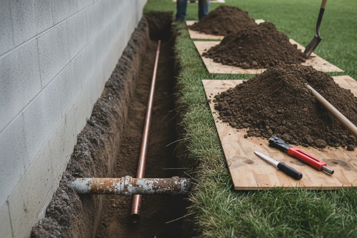 Excavated water line trench during Water Heater Repair in Bunnell
